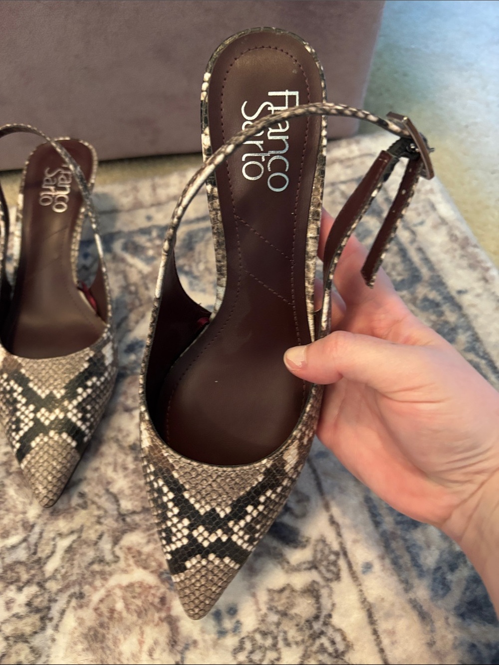 Franco Sarto Taupe and Black Snake-Print Pointed Slingback Heels - Picture 2 of 4